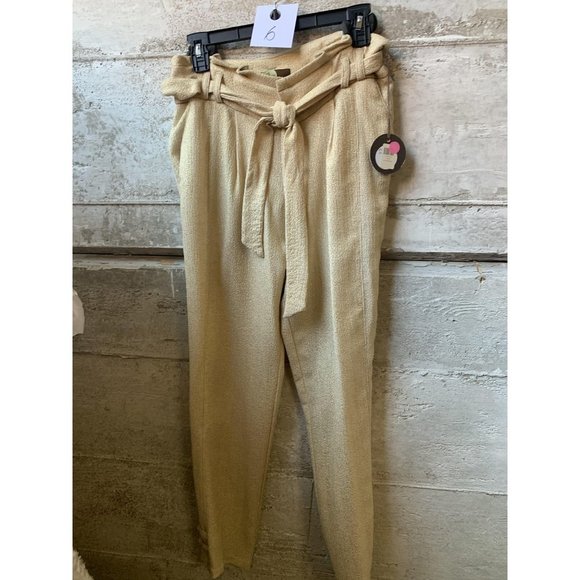 Eva Franco Pants - 45. Eva Franco gold crepe Cropped pants slim pant with Belt and Side Pockets